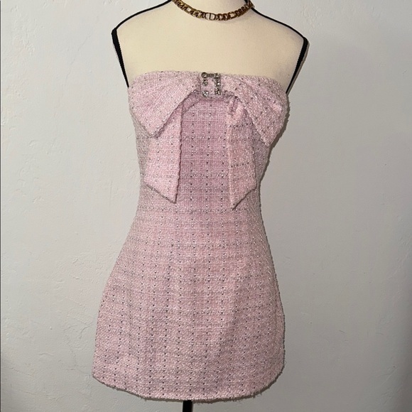 NWOT Tweed Pink Strapless Dress With Bow - Picture 2 of 6
